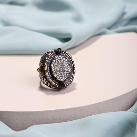 One-of-a-Kind Ottoman Style Sterling Silver Men’s Ring – Handcrafted with Intricate Arabic Calligraphy Geometric Design, Lion Detail Head