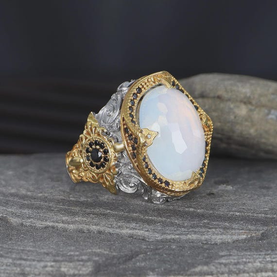 925 Sterling Silver Moonstone Men's Ring – Ottoman Style Rodium Plated Statement Ring, Turquoise Ring, Emerald Ring, Lapis Lazuli Ring,