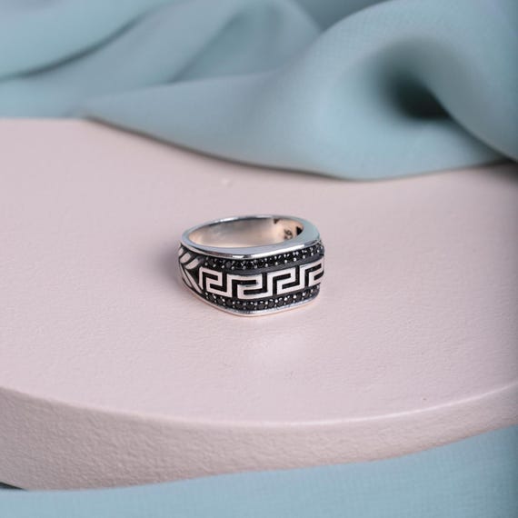 Greek Key Ring for Men – Handcrafted 925 Sterling Silver with Micro Black Zircon – Meander Pattern Handmade Jewelry, Men Rings, Gift Ring