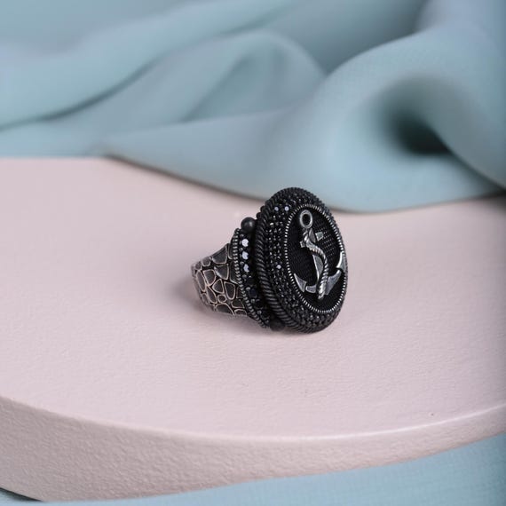 Anchor Black Zircon Ring | 925 Sterling Silver Nautical Ring | Handmade Symbol of Strength | Men’s Jewelry Gift | Maritime Gift for Him