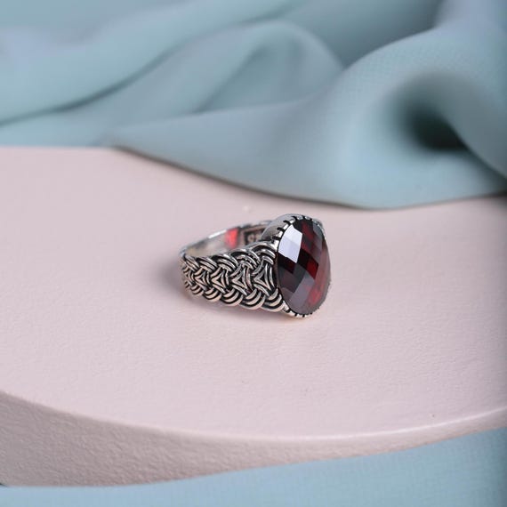 Men’s Red Zircon Ring | Handmade 925 Sterling Silver Knitted Design | Embroidered Statement Ring | Elegant Gift for Him | Men’s Jewelry