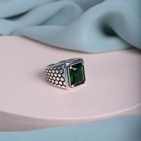 Green Zircon Sterling Silver Ring for Men: Handmade Turkish Design