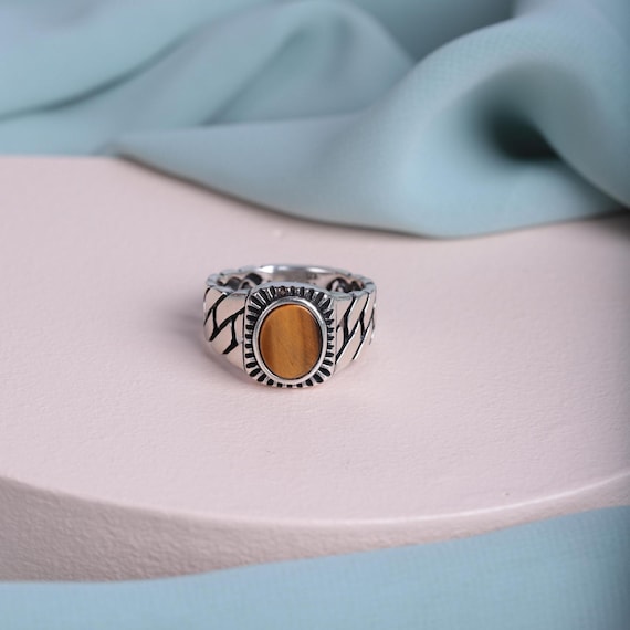 Handmade Tiger's Eye 925 Sterling Silver Ring - Chain Band