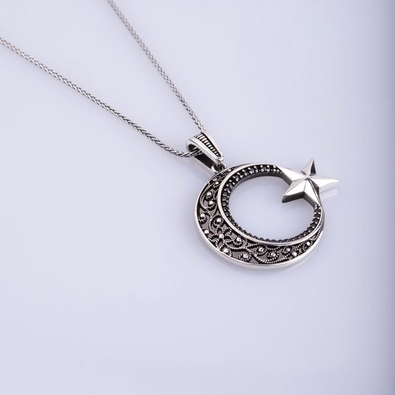 Sterling Silver Crescent Moon and Star Necklace – Turkish Ottoman Style Pendant – Vintage Boho Jewelry Gift for Her, Gift Neckalce,