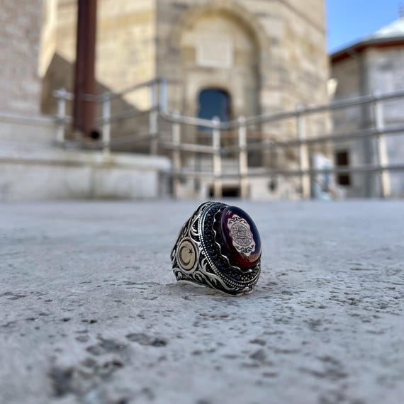 Amber Stone Solomon Seal Ottoman Style 925 Sterling Silver Men's Ring | Handmade Islamic Jewelry, Islamic Gift, Ottoman Ring
