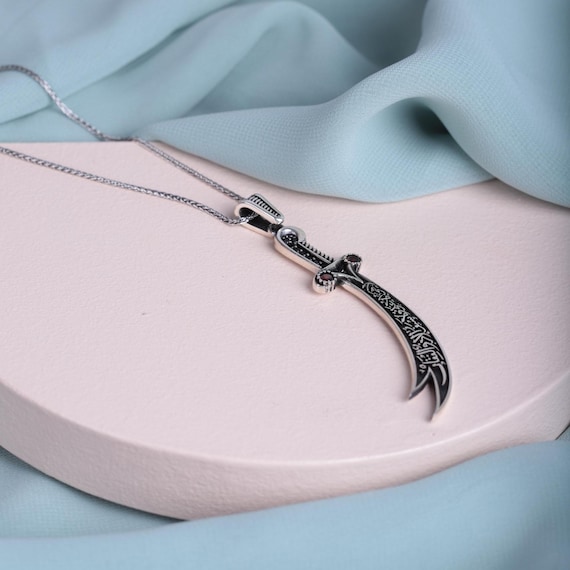 Islamic Zulfiqar Sword Necklace – Handcrafted 925 Sterling Silver Pendant – Arabic Script Design – Hazrat Ali Sword Jewelry, Men Necklace