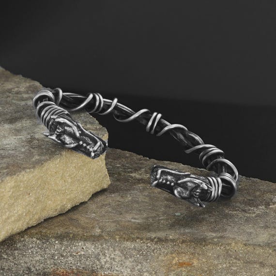 925 Sterling Silver Dragon Bracelet for Men – Handmade Oxidized Viking Style Bracelet – Mythical Dragon Jewelry – Gift for Him