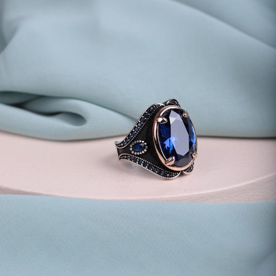 Men’s Ring with Gold-Plated Frame • 925 Sterling Silver Ring • Choose Black or Blue Zircon Center Stone • Perfect Valentine's Day Gift, Ring