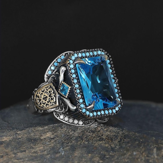 Aqua Stone Men’s Ring in 925 Sterling Silver – Handcrafted Ottoman Style Ring – Textured Band – Artisan Turkish Jewelry – Gift for Him