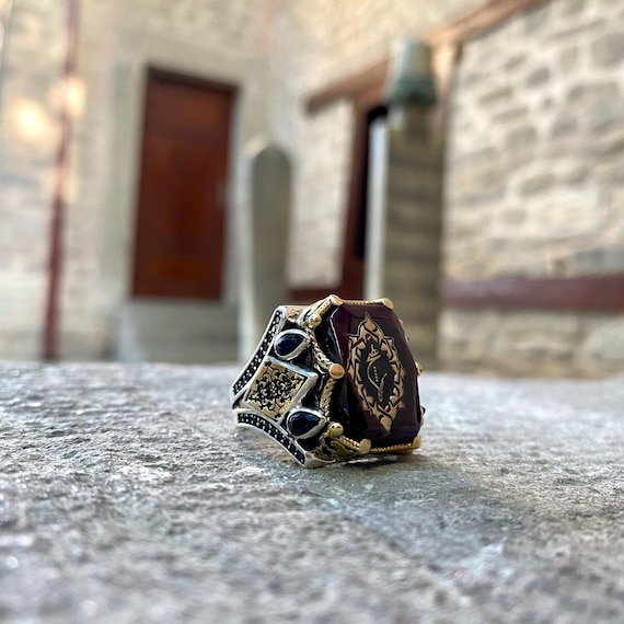 Islamic Ring, Ottoman Style Sterling Silver Ring with Amber Stone & Arabic "Hiç" Calligraphy – Handmade Islamic Jewelry for, Men Ring
