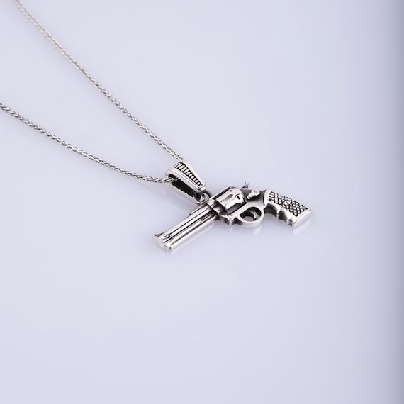 Sterling Silver Revolver Gun Pendant Necklace – Western Cowboy Biker Style – Edgy Jewelry Gift for Him or Her,Men Necklace, Gift Dad,