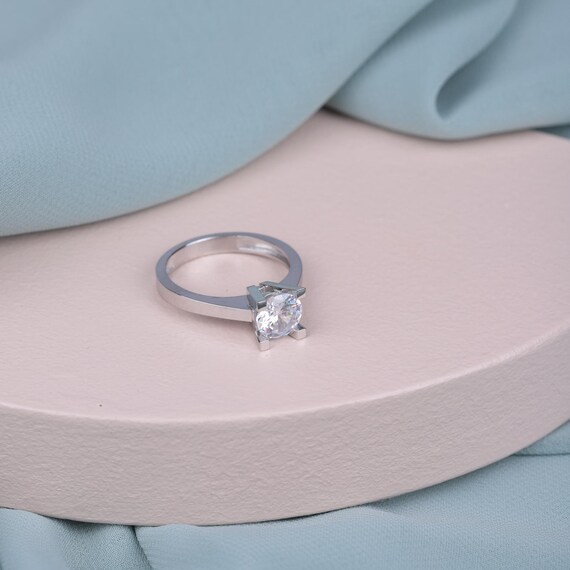 Diamond Proposal Ring Single Stone Diamond Engagement Ring Square Diamond Promise Ring Anniversary Gift for Wife, Sterling Silver,