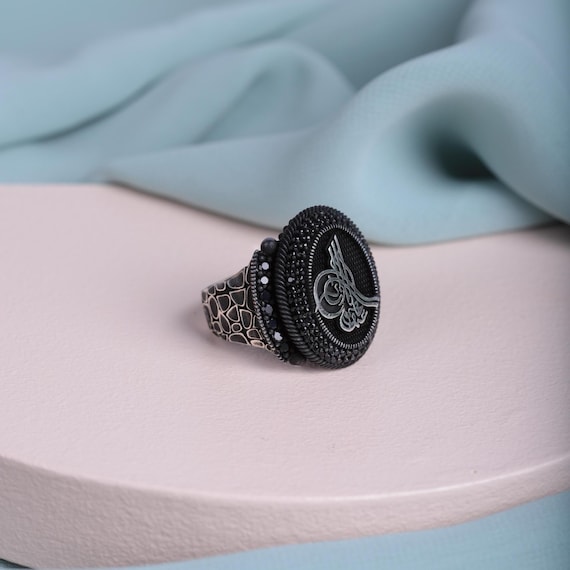 Ottoman Tughra Ring for Men | 925 Sterling Silver Black Zircon Ring | Handmade Sultan Symbol Jewelry | Power Ring Gift for Him | Sultan Ring