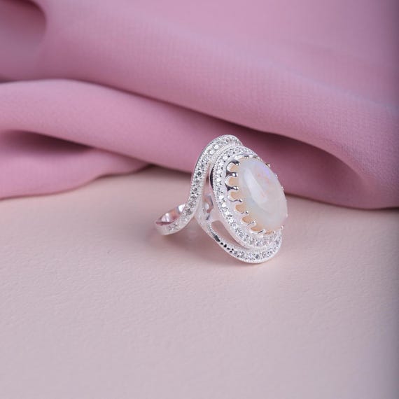 Handmade Opal and Zircon Ring – Intricate Vine Design with Large Opal Center – Unique and Valuable Gift for Her,Valentine's Day,Mothers Day