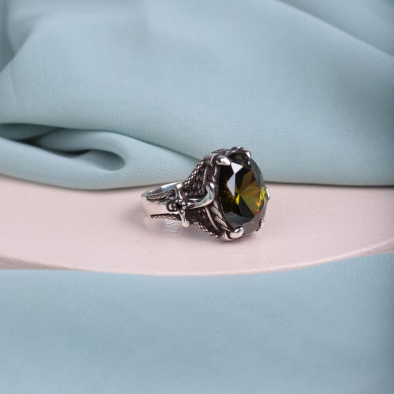 Peridot Sultan Ring: Ottoman Sword Design, 925 Silver, Handmade