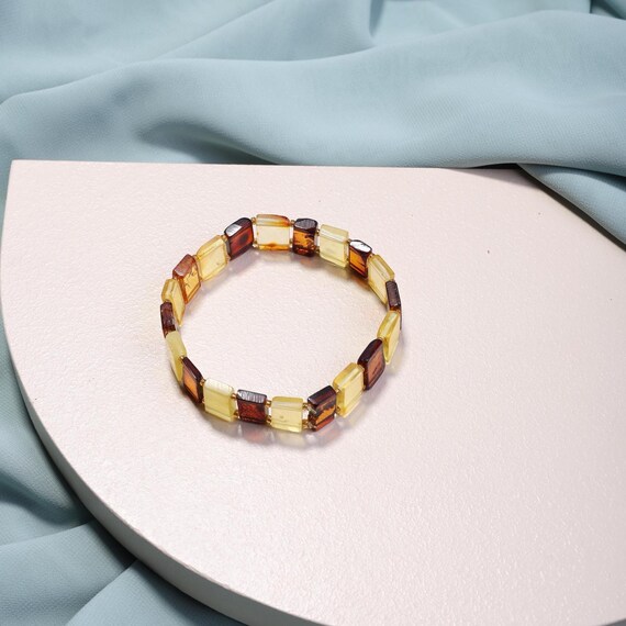 Square Cut Pressed Amber Bracelet | Brown Yellow Baltic Amber | Stylish Healing Jewelry | Unisex Crystal Energy Gift, Healing Stone Bracelet