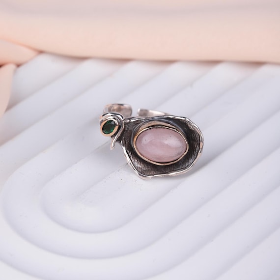 Adjustable Pink Quartz & Green Zircon Ring – Ottoman-Inspired Elegance – Perfect Valentine’s Day Gift for Her – Women’s Ring, Hurrem Ring