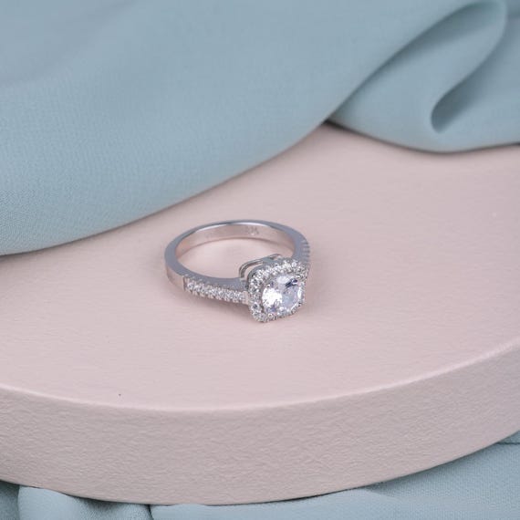 Cushion Cut Moissanite/Lab Grown Engagement Ring, Halo Wedding Ring, Halo Anniversary Ring, Solitaire Accent Square Diamond Ring For Her