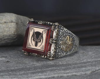 Wolf Symbol Ring for Men – Amber Stone 925 Sterling Silver Ring – Turkish Grey Wolf Jewelry – Bold Gift for Him