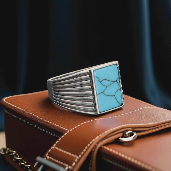 Turquoise Stone 925 Sterling Silver Men’s Ring | Handmade Ottoman Style Turquoise Gemstone Ring | Unique Turkish Jewelry Gift for Him