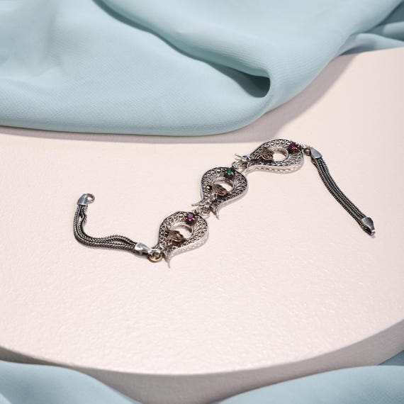 Ottoman Tulip Motif Silver Bracelet – Unique Handmade Triple Gemstone Heritage Jewelry with Filigree Design, Ottoman Tughra Women bracelet,