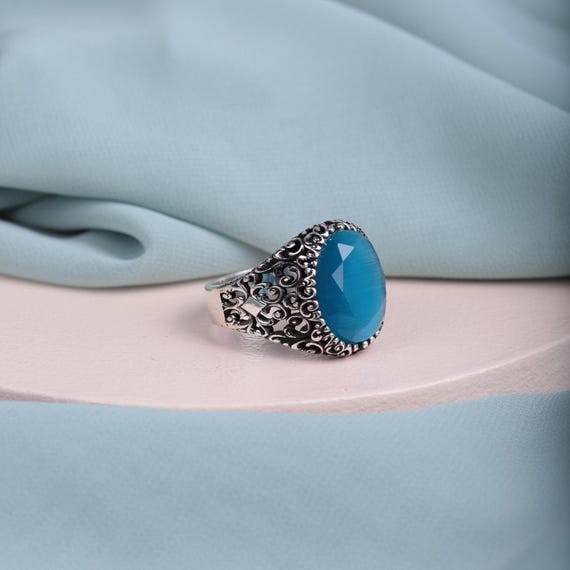 Blue Tiger’s Eye Ring for Men • Custom Design Gemstone Ring • Handmade Silver Statement Ring • Natural Gemstone Jewelry Gift for Him, Ring