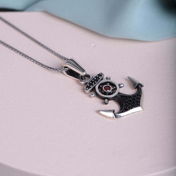 Ocean Delight Anchor Necklace | 925 Sterling Silver Nautical Pendant with Red & Black Zircon | Handcrafted Unisex Charm-Gift for Him or Her