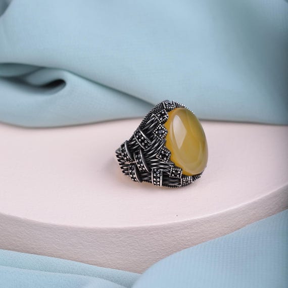 Handmade Agate Men’s Ring • Black Zircon Accents • Open Back Energy Ring • Red Green Yellow Black Agate • Sterling Silver Statement Ring