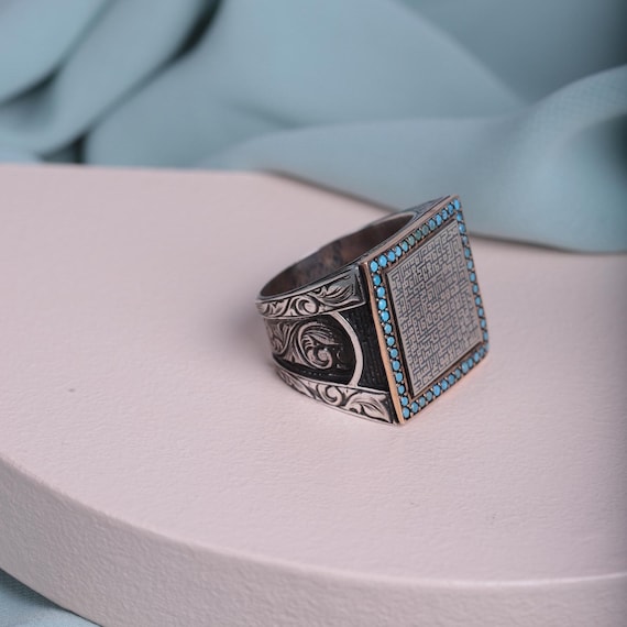Turquoise Stone Ayat al-Kursi Ring - Artistic Islamic Jewelry for Him or Her,Islamic Jewelry,Kufi Calligraphy,Hand made Ring,  Islamic Ring