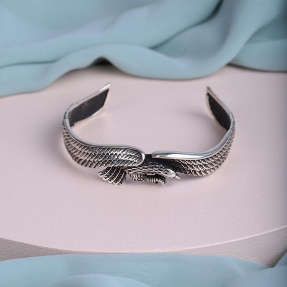Men’s Eagle Cuff Bracelet - Handmade Sterling Silver Bracelet - Wildlife Eagle Jewelry - Adjustable Eagle Bracelet - Gift for Him,
