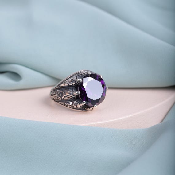 Ottoman Sultan Men's Ring • Amethyst Spiritual Energy Stone • Turkish Handmade Ring • Claw Set Purple Gemstone Ring for Men