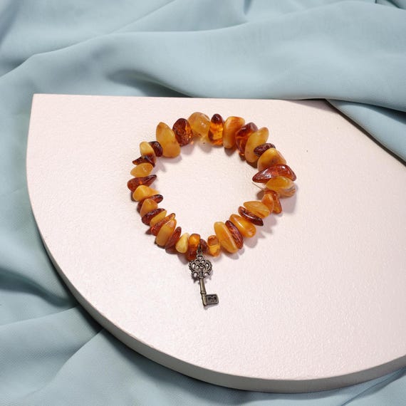 Natural Amber Bracelet with Gemstones & Key Charm | Energy Healing Jewelry | Anxiety Relief | Handmade Protection Bracelet for Her, Bracelet