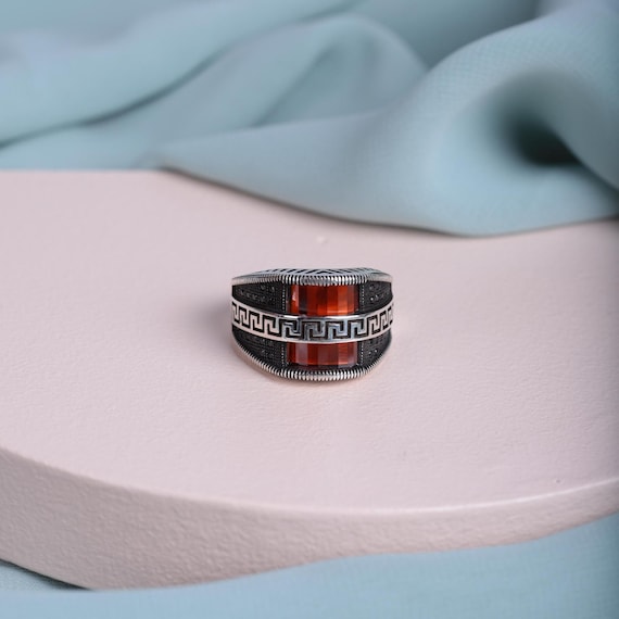 Men’s Multicolor Zircon Ring with Greek Motif – 925 Sterling Silver Statement Ring with Special Gemstone – Unique Silver Ring for Men,