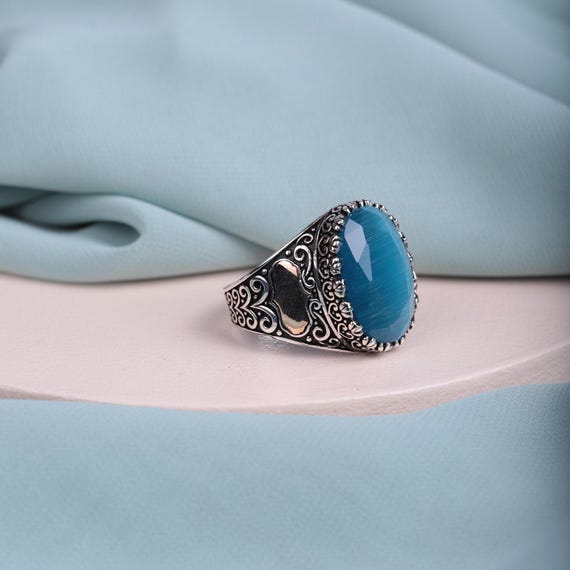 Men's Elegant Oval Cat's Eye Ring with Gold Plate Detailing– Ottoman Inspired Design, Multistone, Valentine's Day