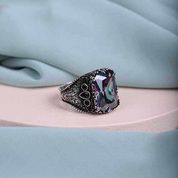 Mystic Topaz Mens Ring • 925 Sterling Silver with Mystic Topaz & Black Zircon • Ottoman Style Jewelry • Perfect Valentine’s Day Gift for Him