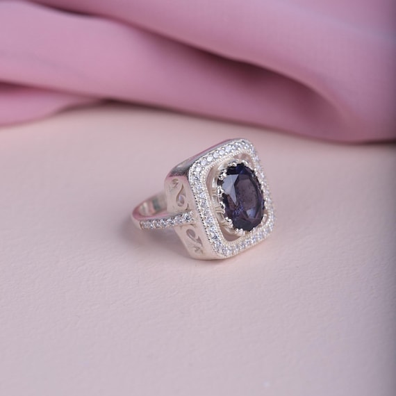 Amethyst and Zircon Ring – Radiant Rectangle Design – Healing & Elegant Women’s Jewelry,Amethyst Ring,Elegant Women’s Ring,Mothers Day