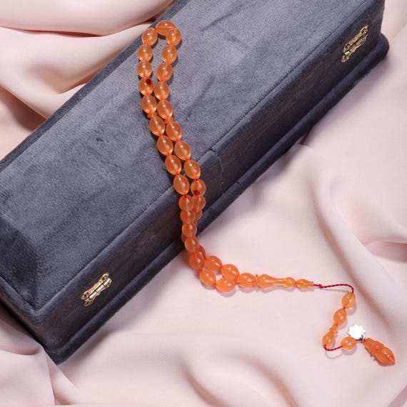 Bold Orange Amber Tasbih,Large Arpa Beads Misbaha with System Tassel,Premium A-Grade Islamic Prayer Beads for Men, Arpa cut misbaha,orange