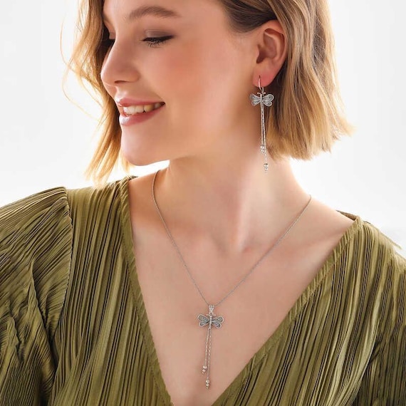 Sterling Silver Filigree Dragonfly Jewelry Set – Handmade Ethnic Necklace and Earrings – Boho Style Gift for Her, Gift Mom, Set Jewelry Gift