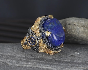 Men’s Lapis Lazuli Ring – 925 Sterling Silver with Rhodium Plating – Natural Stone Ottoman Style Statement Ring – Handmade Gift for Him