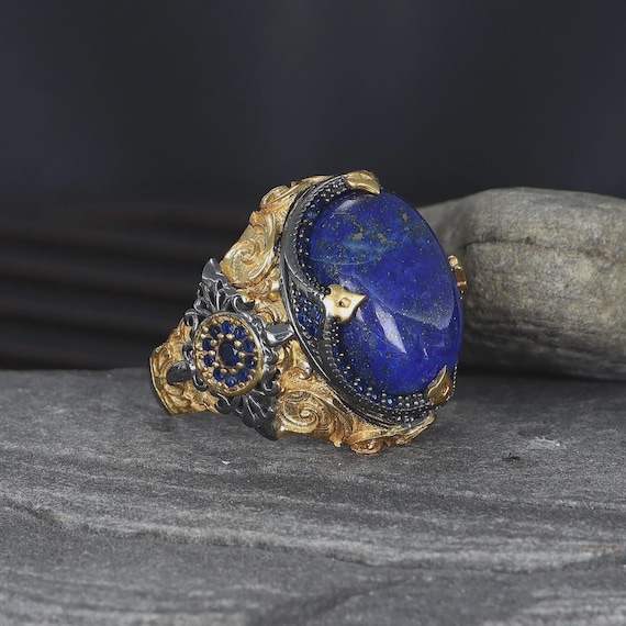 Men’s Lapis Lazuli Ring – 925 Sterling Silver with Rhodium Plating – Natural Stone Ottoman Style Statement Ring – Handmade Gift for Him