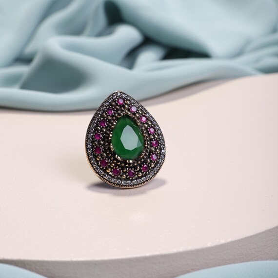 One-of-a-Kind Ottoman Hürrem Sultan Ring – Handmade 925 Silver Emerald & Ruby Teardrop Design,Handmade Vintage Jewelry, Mothers Day Gift