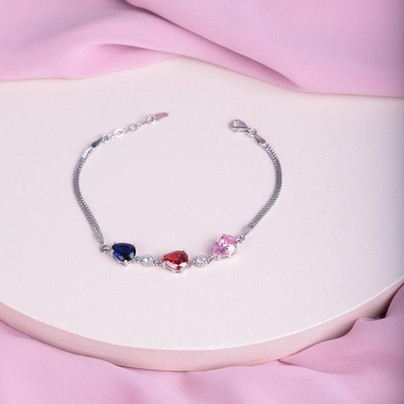 Luxurious Sterling Silver Drop Cut Gemstone Bracelet, Blue Sapphire, Red Ruby Pink Tourmaline Adjustable Delicate Women’s,Mothers Day