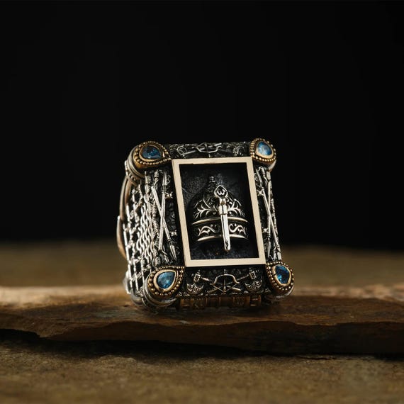 Ottoman Men Ring - Special Production Ring - Sultan Mehmet Helmet -War Relics Design, Handmade Collector Jewelry with Gemstones, Sultan Ring