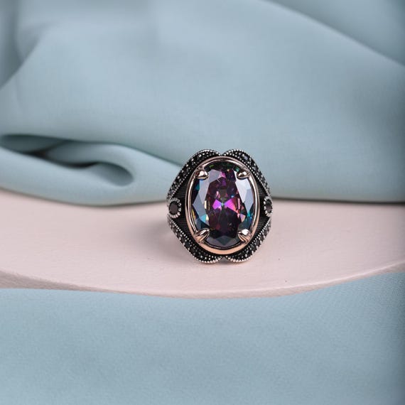 Men’s Elegant Oval Mystic Topaz Ring with Gold Plate Detailing • Special Design Men’s Ring • Perfect Valentine’s Day Gift for Him, Men Ring