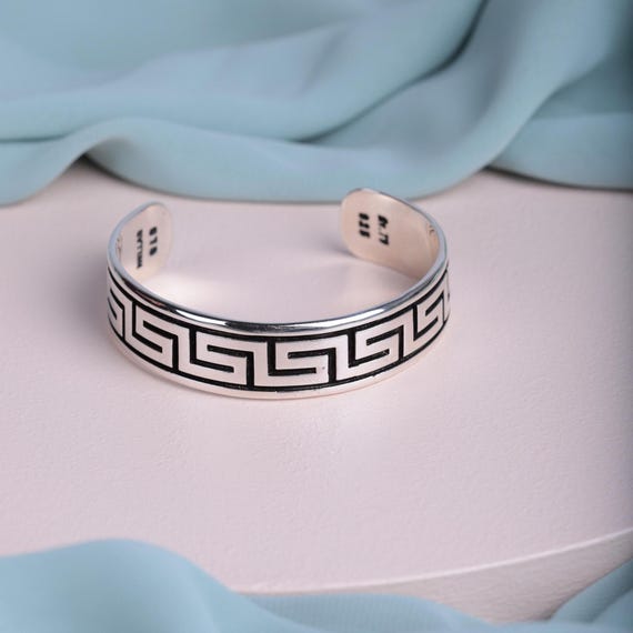Greek Key Sterling Silver Cuff Bracelet for Men - Handmade Adjustable Silver Bangle - Elegant Gift for Him or Boyfriend - 925 Silver Jewelry