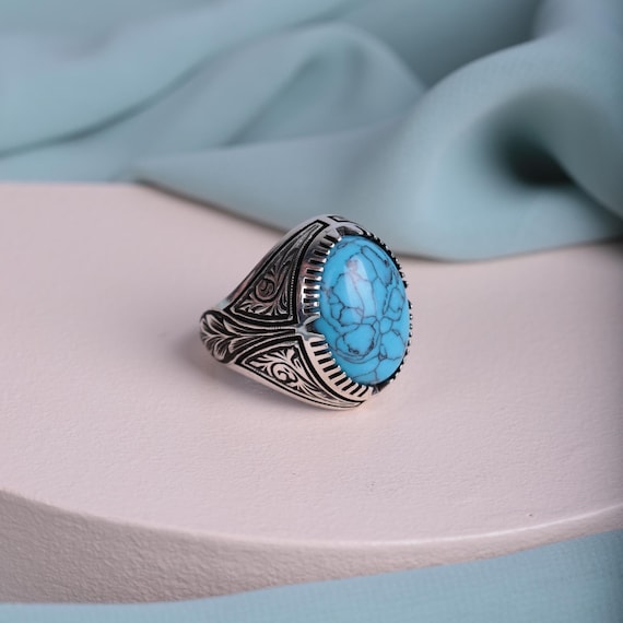 Handmade Ferooza Turquoise Ring – 925 Sterling Silver Turkish Ring – Natural Turquoise Gemstone – Gift for Him – Boho Men's Jewelry,Men Gift