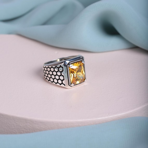 Handmade Orange Zircon Sterling Silver Men's Ring - Turkish Jewelry