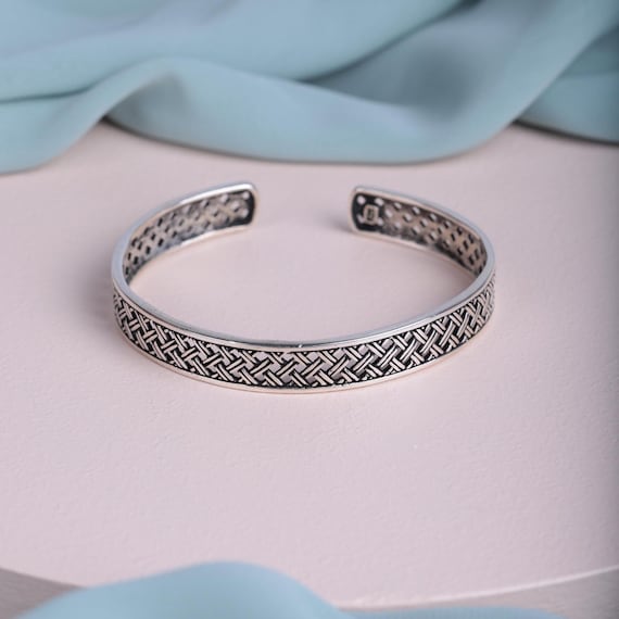 Men’s Thick Sterling Silver Cuff Bracelet - Handmade 925k Engraved Adjustable Bangle - Wicker Pattern Bracelet - Gift for Boyfriend
