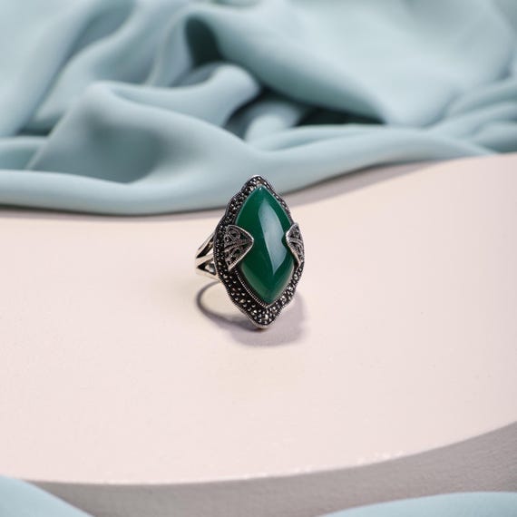 One-of-a-Kind Ottoman Style Ring – Mihrimah Sultan Inspired Ring – Handmade Women's Ring - Mothers Day Gift- Black Agate and Marcasite m