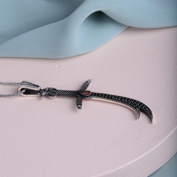 Ali Zulfiqar Sword Necklace – Handmade 925 Sterling Silver Necklace – Sword Design with Red Zircon – Unique Gift for Him, İslamic Necklace